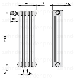 Схема (чертеж) Радиатор Zehnder Charleston 4220/5 №V007 Белый глянцевый RAL 9016